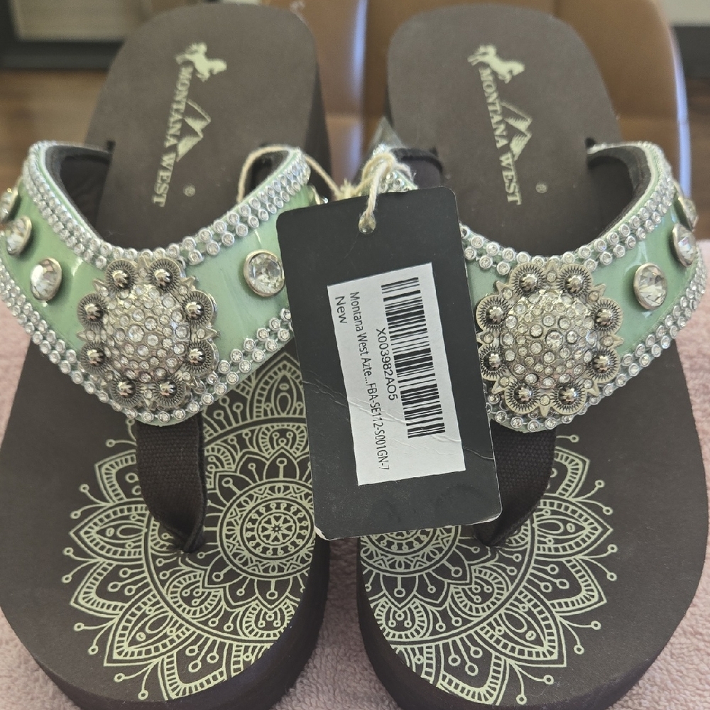 Montana West Green and Brown Sandals with Intricate Beading
